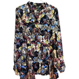 Womens Investments Butterfly Blouse, Sz L Multicolor Button Front Cardigan